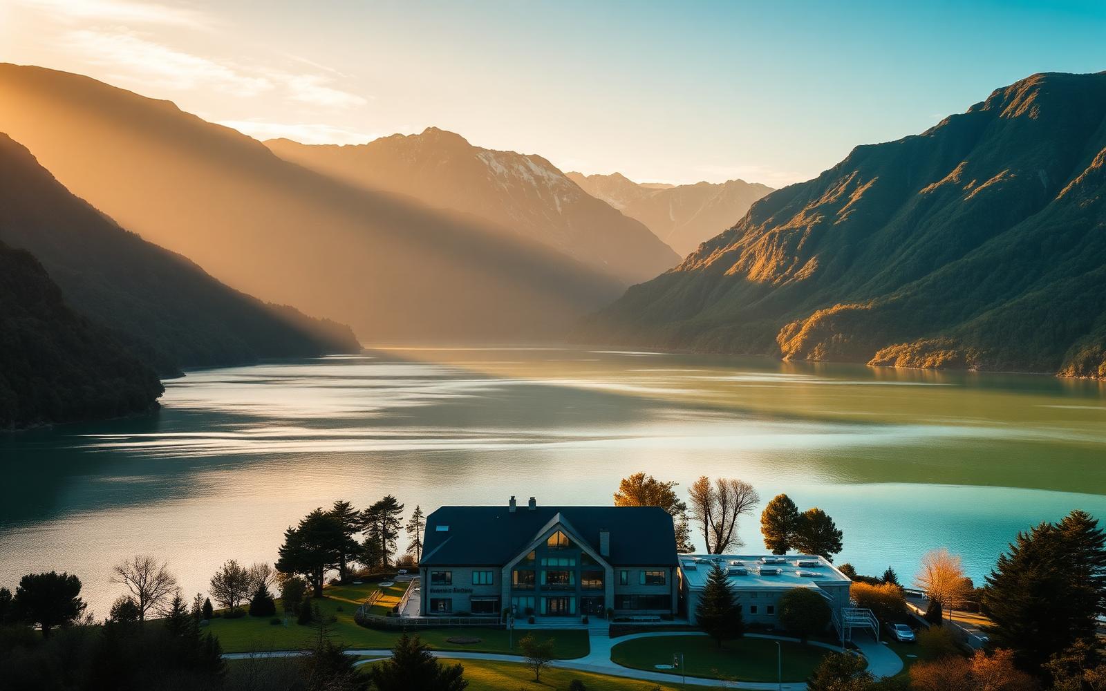 Sunrise over a New Zealand lake with a university campus on the shoreline